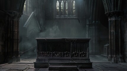 Dark spooky empty display podium in empty gothic room, scary vintage haunted dark black church room with light, Halloween scary backgrounds with coffin or counter, for dark retro product display.