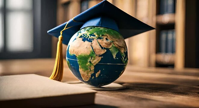 Earth globe with graduation cap.