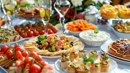 Delicious dinner party table,  food, drinks, diagonal view. happy meal time buffet food 