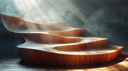 Digital rendering of a wooden table with smooth curves and carved patterns, on a monochrome background of bright sunlight
