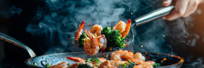 A person is cooking shrimp and broccoli in a pan