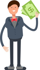 Businessman Character Holding Dollar Banknotes
