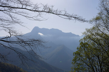 Mountain landscape with peak and cloud on a bright sunny spring day with green vegetation and blue...