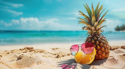 Tropical delight: Pineapple and sunglasses on sandy beach