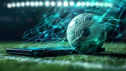 Mobile soccer betting with virtual currency ball on smartphone app for sports. Concept Mobile Betting, Soccer, Virtual Currency, Smartphone App, Sports