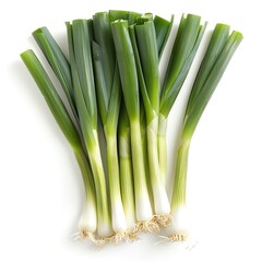 A close-up photograph of a bunch of fresh green spring onions. The onions are tied together with a rubber band.