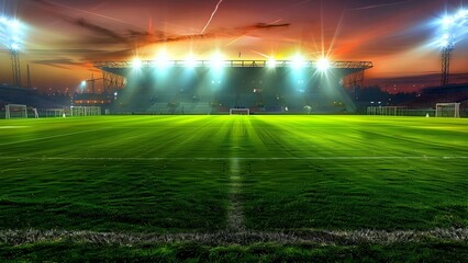 Illuminated Football Stadium at Night with Green Pitch Under Floodlights. Concept Sports, Football, Night Photography, Stadium, Lights