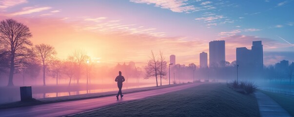 Runner in a vibrant sunrise city park scene