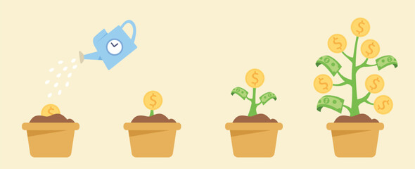 Time watering can with money plant as a symbol of Money growing investment. Concept of business profit investment, earning, income, finance education, business development. Flat vector illustration.