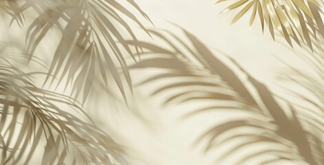 Obraz premium Abstract background with shadows of palm leaves on a white wall, conveying a summer concept. Blurred shadow from a tree