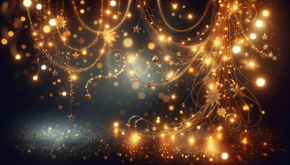A festive and luminous background featuring blurry golden lights and shimmering bokeh effects