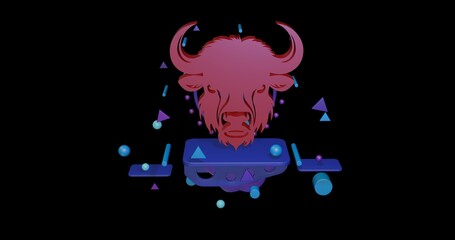 Red buffalo head on a pedestal of abstract geometric shapes floating in the air. Abstract concept art with flying shapes in the center. 3d illustration on black background
