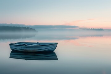 Naklejka premium Tranquil boat on a misty lake at dawn