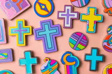 Obraz premium Colorful Collection of Cross Stickers and Enamel Pins on a Pink Background