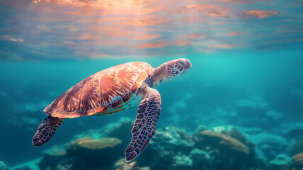 An endangered turtle swims in the warm waters of the Pacific Ocean. planet pollution and animal extinction, turtle extinction