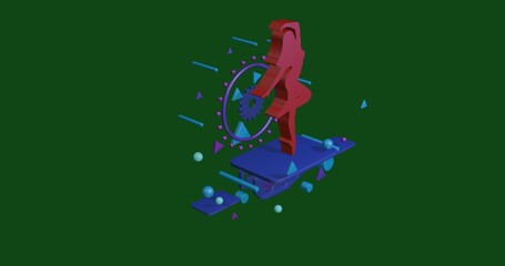 Red ballerina symbol on a pedestal of abstract geometric shapes floating in the air. Abstract concept art with flying shapes in the center. 3d illustration on green background