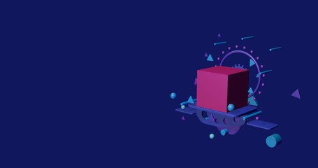 Pink cube on a pedestal of abstract geometric shapes floating in the air. Abstract concept art with flying shapes on the right. 3d illustration on indigo background