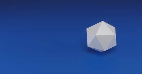 Isolated realistic white Icosahedron with shadow. Located on the right side of the scene. 3d illustration on transparent background