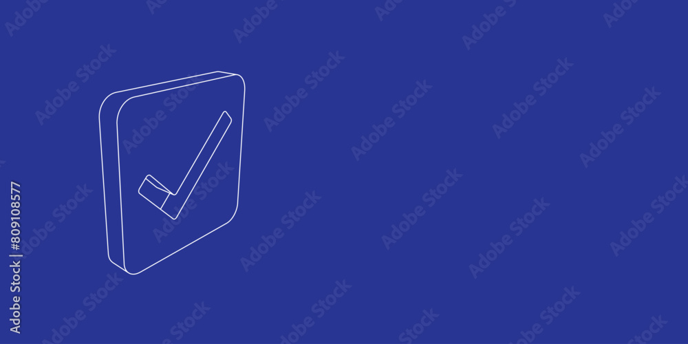 Poster the outline of a large checkbox symbol made of white lines on the left. 3d view of the object in per