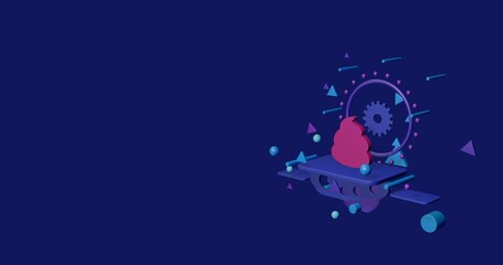Pink poop symbol on a pedestal of abstract geometric shapes floating in the air. Abstract concept art with flying shapes on the right. 3d illustration on indigo background