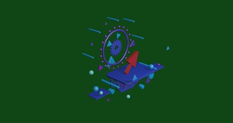 Red trowel symbol on a pedestal of abstract geometric shapes floating in the air. Abstract concept art with flying shapes in the center. 3d illustration on green background