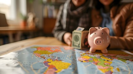 A couple planning their vacation budget with a world map and piggy bank financial planning concept with copy space