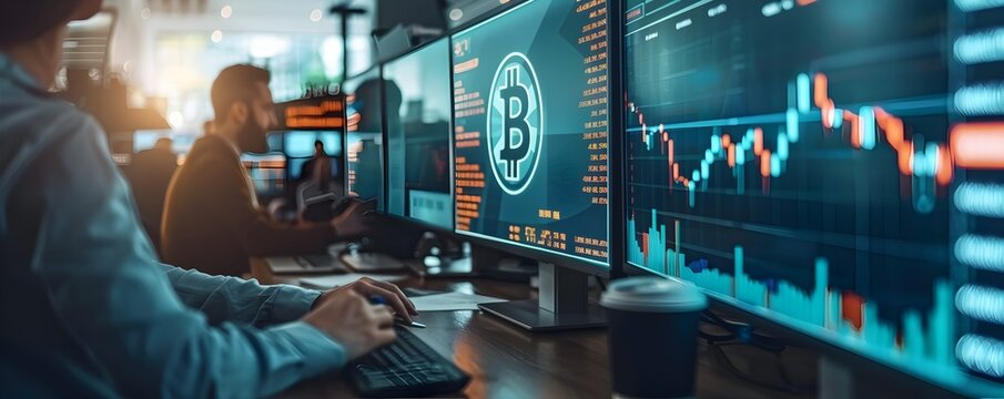 People using a communal workspace to research and discuss cryptocurrency investments Financial Planning Concept