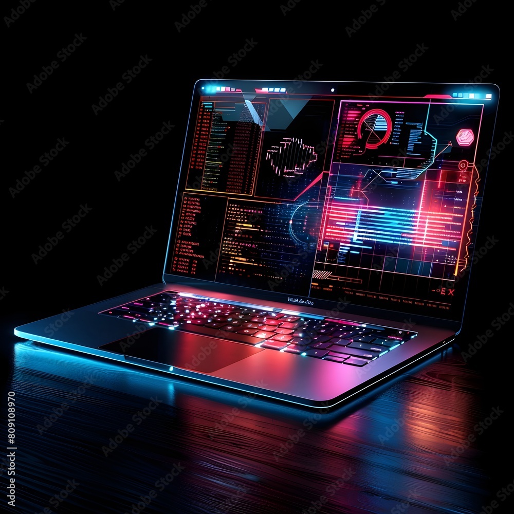 Poster high powered laptop running advanced software in cutting edge tech setup for product showcase