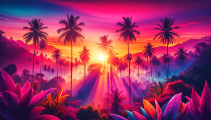 A vibrant and colorful image of a tropical sunset scene, feature tall palm trees silhouetted against a vividly colored sky