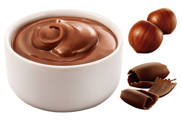 pote com creme de avelã com chocolate acompanhado de nozes de avelã e pedaços de chocolate ao...