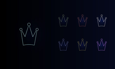 A set of neon crown symbols. Set of different color symbols, faint neon glow. Vector illustration on black background