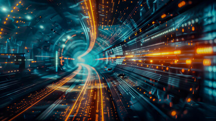 Obraz premium Seamless collaboration in quantum transport systems, a visual exploration of advanced logistics merging with futuristic networks