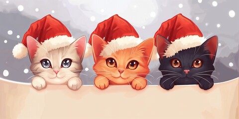 Three cute cartoon Christmas celebration colorful kittens peeping above empty banner on snowy background, Merry Christmas concept, Santa's pet cats gift.
