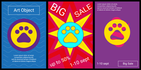 Trendy retro posters for organizing sales and other events. Large pet symbol in the center of each poster. Vector illustration on black background