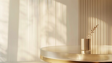 Modern minimal round golden steel table display podium stand with reeded glass partition on cream colored wall for luxury, organic, beauty, cosmetic product display.