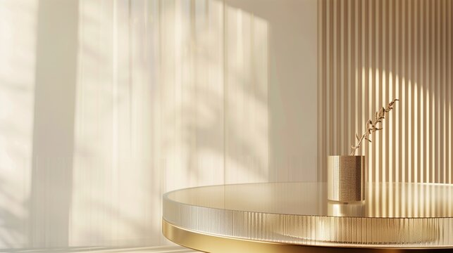Modern minimal round golden steel table display podium stand with reeded glass partition on cream colored wall for luxury, organic, beauty, cosmetic product display.