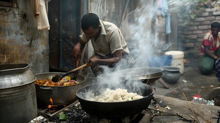 Cooking a Hearty Meal in a Makeshift Outdoor Kitchen in an Impoverished Community