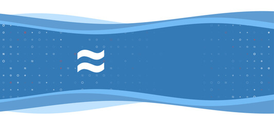 Fototapeta premium Blue wavy banner with a white approximately equal symbol on the left. On the background there are small white shapes, some are highlighted in red. There is an empty space for text on the right side