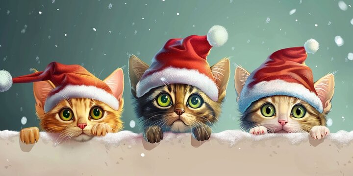 Three cute cartoon Christmas celebration colorful kittens peeping above empty banner on snowy background, Merry Christmas concept, Santa's pet cats gift.