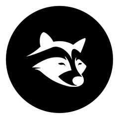 A raccoon head symbol in the center. Isolated white symbol in black circle. Vector illustration on white background