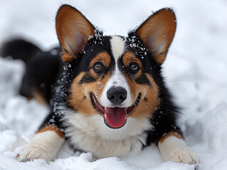 Cute, playful, young dog, Welsh Corgi, Snow, pet, Headshot, Portrait, photorealistic, transparent, png, AI
