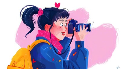 Happy woman immersed in the joy of photography against a scenic landscape