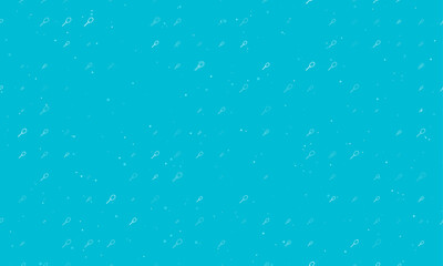Seamless background pattern of evenly spaced white tennis racket symbols of different sizes and opacity. Vector illustration on cyan background with stars