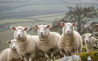 Obraz premium Flock of Sheep Grazing on a Hillside