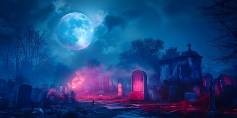 The Graveyard Transforms into an Eerie Yet Enchanting Scene of Spirits Under the Full Moon. Concept Halloween Photoshoot, Spooky Setting, Full Moon Magic, Enchanting Atmosphere