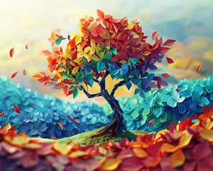 Capture the majesty of nature with a low-angle view of a tree playing a vibrant symphony with its leaves, blending music expressions with environmental conservation, in a dreamy Impressionistic style