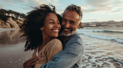 A man and woman are hugging on a beach