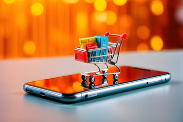 Tiny Shopping trolley cart with gifts on mobile smartphone Online ecommerce store internet digital retail concept on abstract bright backdrop