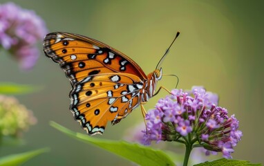 Naklejka premium Vibrant Butterfly on Purple Flower