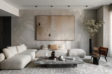 A Contemporary Living Room Featuring a Marble Coffee Table and Unique Art Pieces